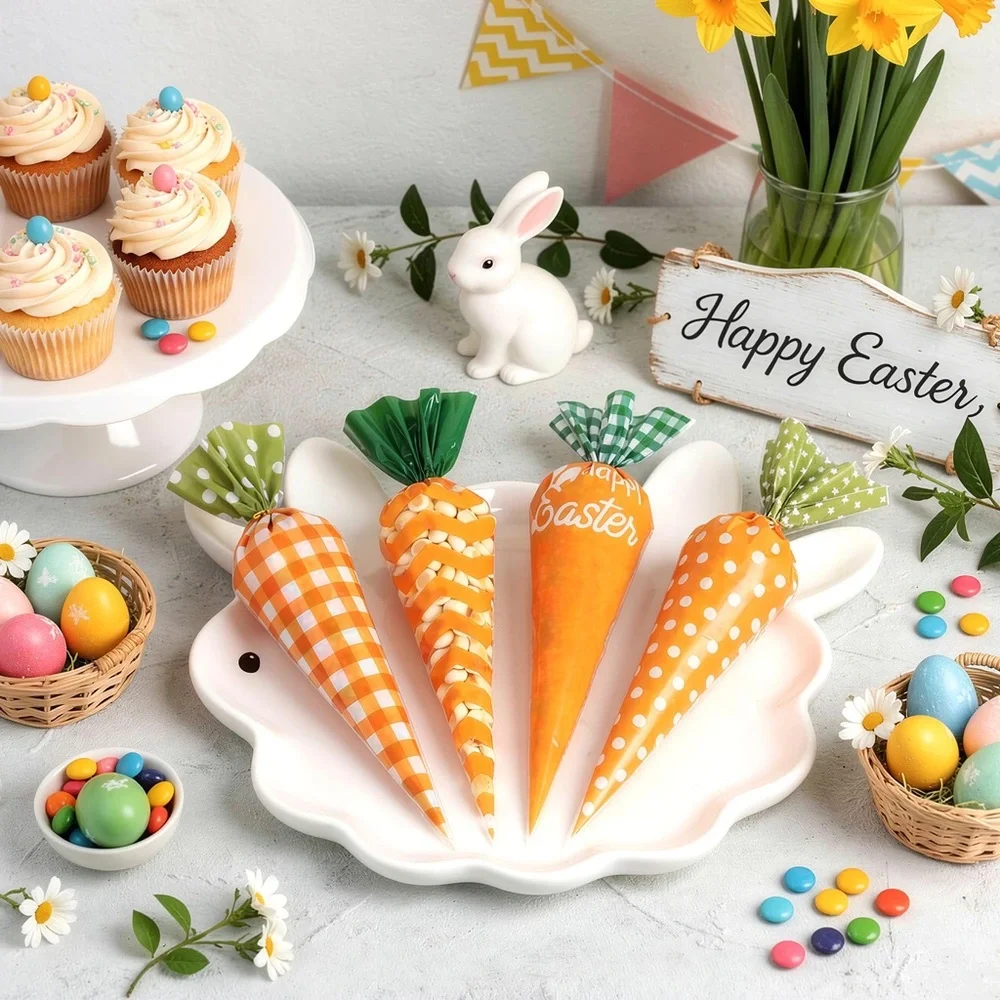 Easter Carrot Cone Party Favor Bags - Orange and Green